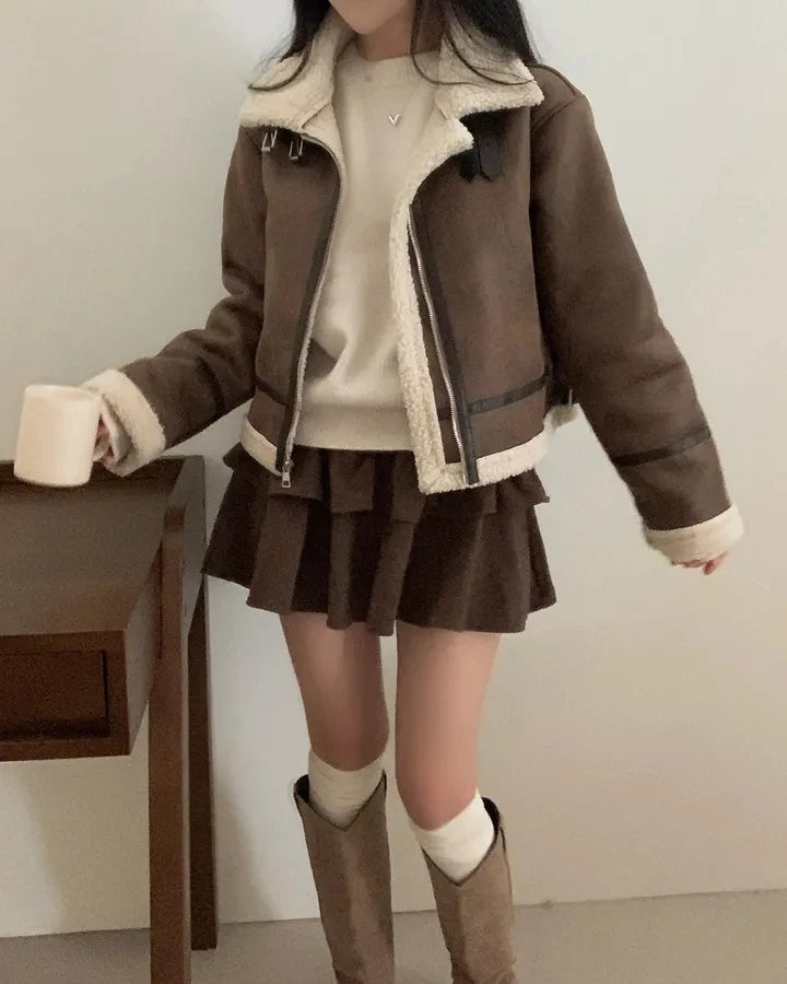 Chaqueta de Motocicta de Gamuza Retro Chic para Mujer, Estilo Casual y Moderno, Top de Manga Larga de Aodón para Mujeres...