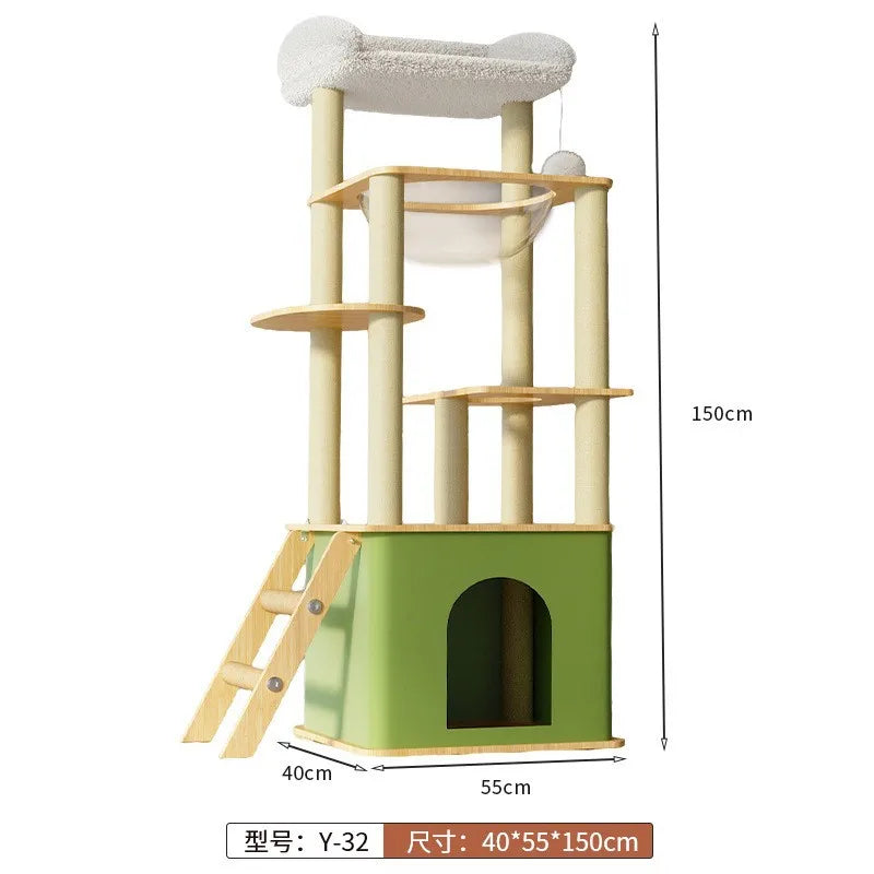 Árbol rascador para gatos, estructura grande de madera integrada con casa y columna rascadora, no ocupa mucho espacio.