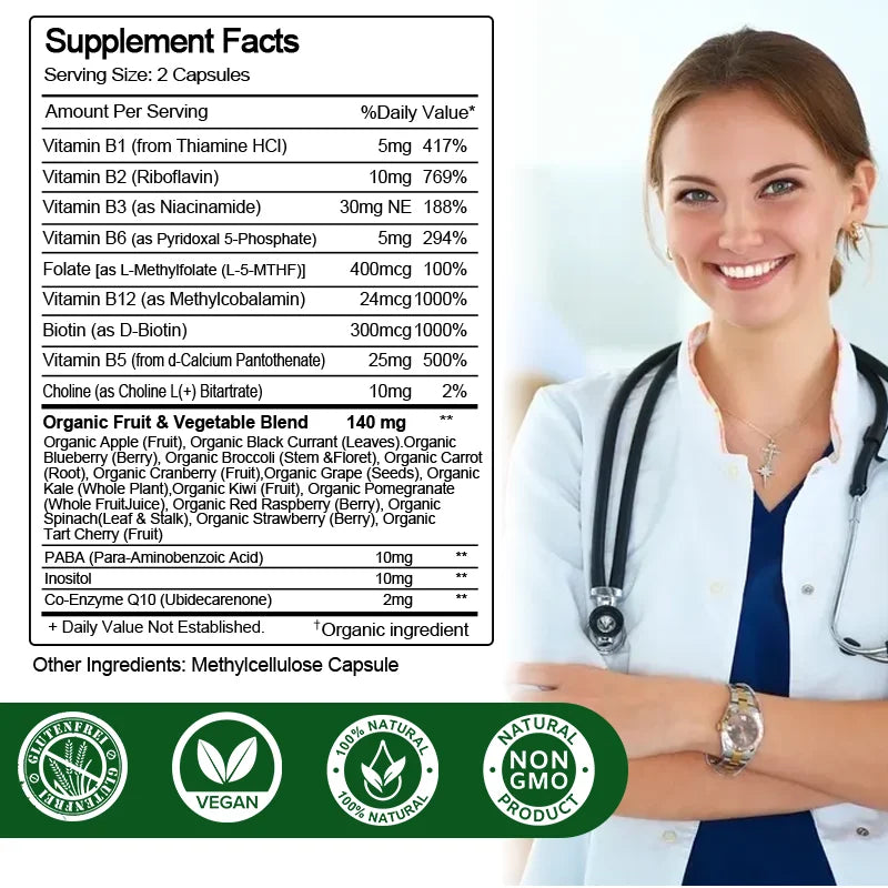 Complejo de Vitaminas B para Energía y Sistema Nervioso | Apoyo a Inmunidad, Corazón, Cabello, Piel y Uñas