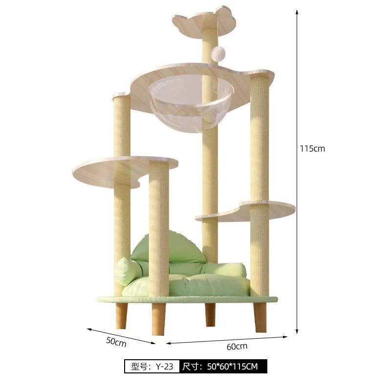 Árbol rascador para gatos, estructura grande de madera integrada con casa y columna rascadora, no ocupa mucho espacio.