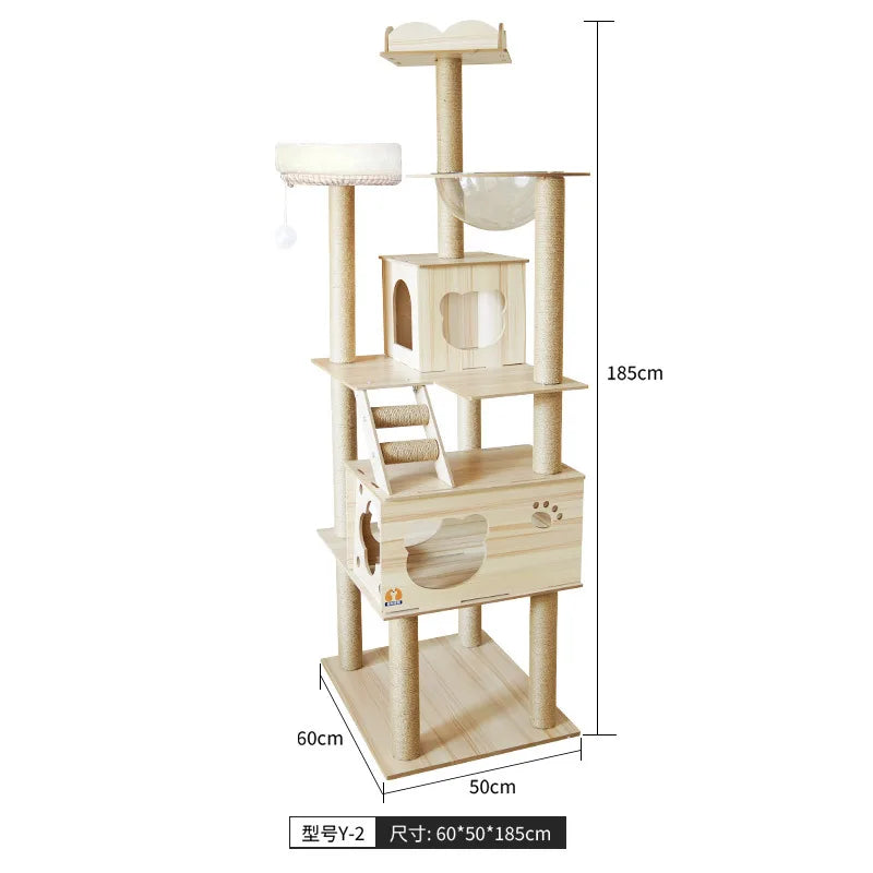 Árbol rascador para gatos, estructura grande de madera integrada con casa y columna rascadora, no ocupa mucho espacio.