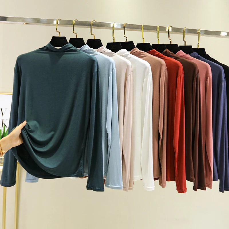 Cseta Básica de Manga Larga para Mujer, Cuello Medio Alto, Corte Ajustado, Estilo Versátil para Primavera y Otoño, Talla G...