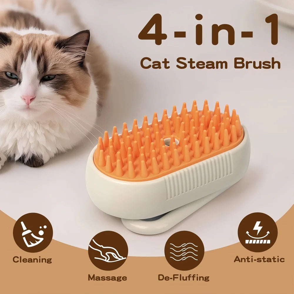 Cepillo de Vapor 3 en 1 para Gatos | Elimina Pelo Suelto, Masaje Relajante y Spray Vaporizador – Recargable USB