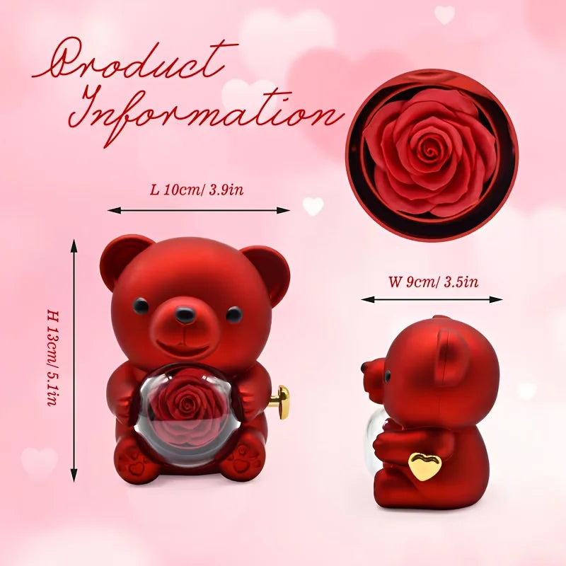 Caja de Regalo con Oso de Peluche y Rosas |   Joyero con Espacio Oculto para Anillo o Pendientes, Incluye Rosa Artificial, Regalo de San Valentín