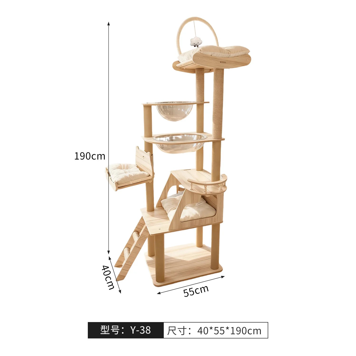 Árbol rascador para gatos, estructura grande de madera integrada con casa y columna rascadora, no ocupa mucho espacio.