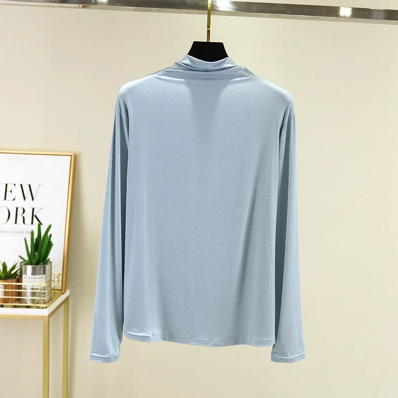 Cseta Básica de Manga Larga para Mujer, Cuello Medio Alto, Corte Ajustado, Estilo Versátil para Primavera y Otoño, Talla G...