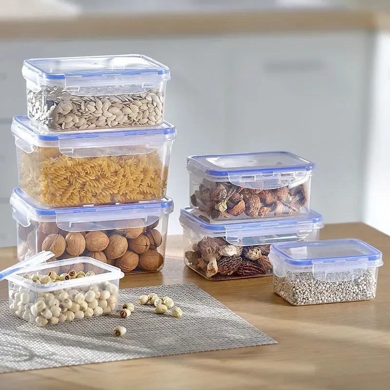 Caja de almacenamiento para refrigerador rectangular sellada con tapa, fiambrera crujiente de plástico calentada por microondas con tapa