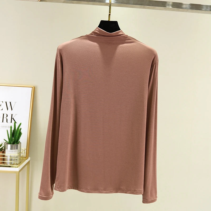 Cseta Básica de Manga Larga para Mujer, Cuello Medio Alto, Corte Ajustado, Estilo Versátil para Primavera y Otoño, Talla G...