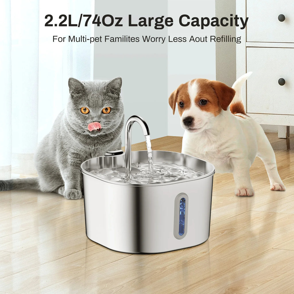 Fuente de Agua Automática para Gatos 2.2L de Acero Inoxidable con Ventana de Nivel