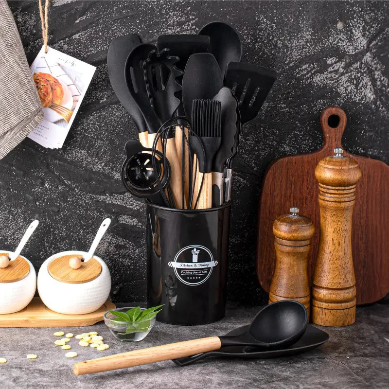 Juego de utensilios de silicona, 14 piezas, con soporte de plástico