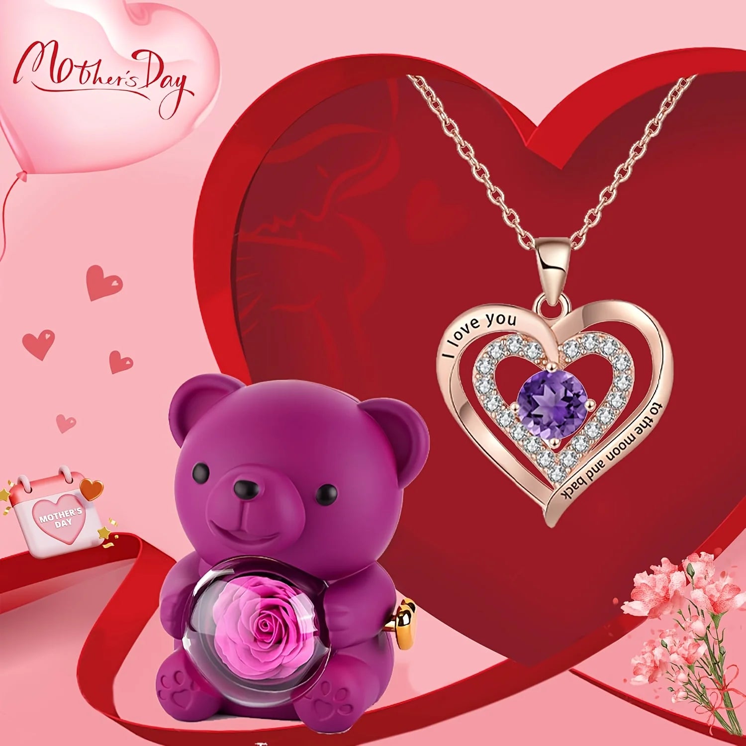 Caja de Regalo con Oso de Peluche y Rosas |   Joyero con Espacio Oculto para Anillo o Pendientes, Incluye Rosa Artificial, Regalo de San Valentín