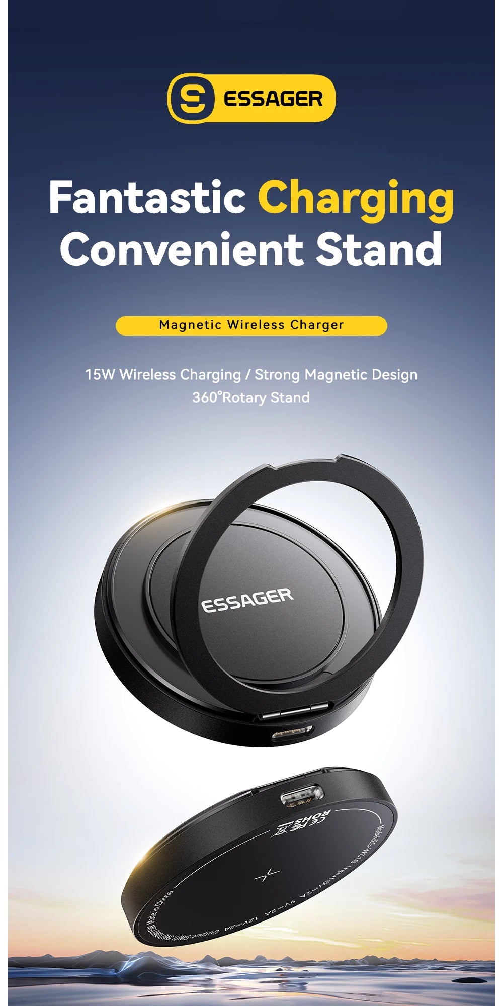 Cargador inalámbrico magnético Essager con soporte 15W carga rápida para iPhone17 16 15 14Pro Max Airpods Mini cargador de teléfono inalámbrico