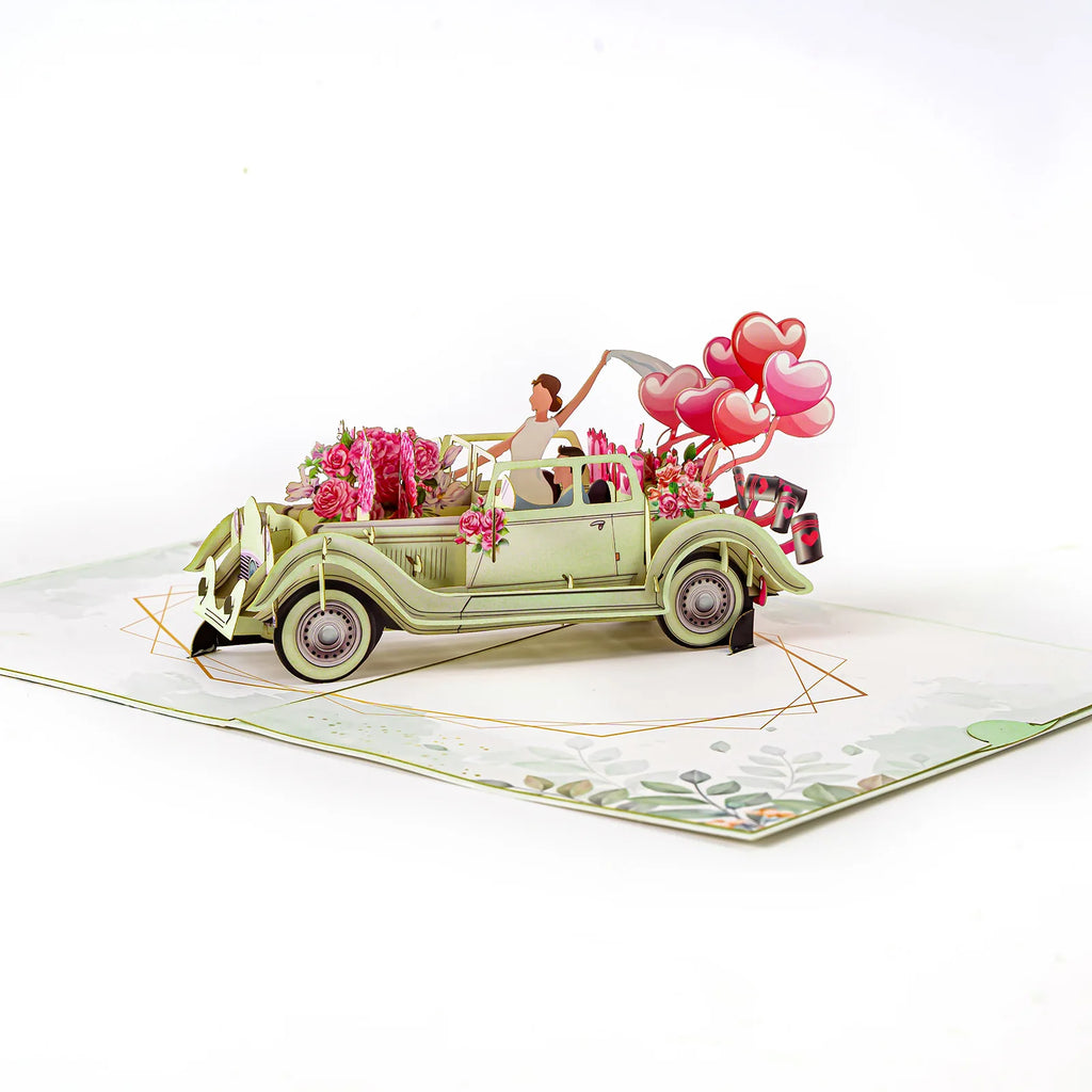 Tarjeta emergente de pareja de flores con globos de coche de boda de San Valentín, tarjeta de felicitación 3D romántica para parejas