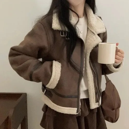 Chaqueta de Motocicta de Gamuza Retro Chic para Mujer, Estilo Casual y Moderno, Top de Manga Larga de Aodón para Mujeres...