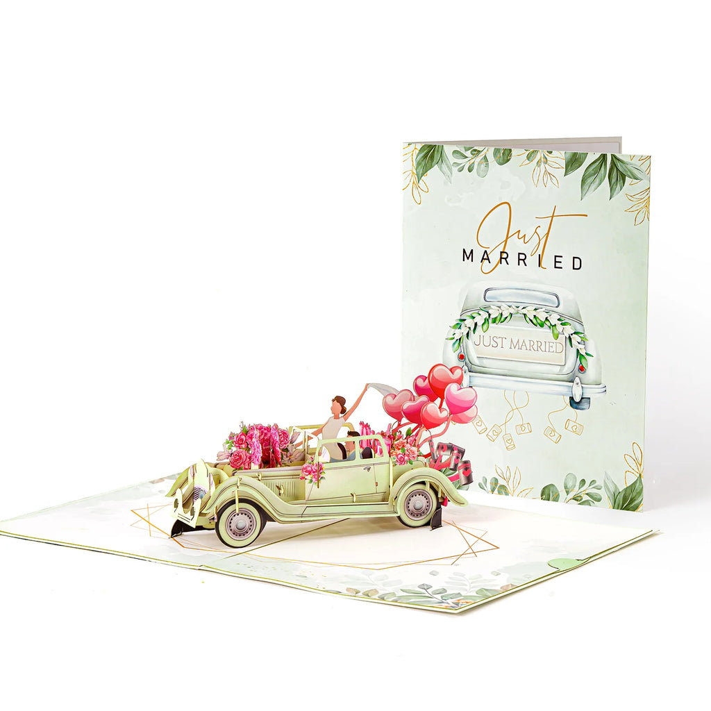 Tarjeta emergente de pareja de flores con globos de coche de boda de San Valentín, tarjeta de felicitación 3D romántica para parejas