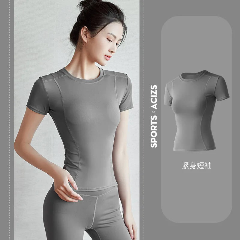Camiseta deportiva para mujer, camisa de manga corta con cuello en V, Color sólido, absorbe la humedad, Top deportivo
