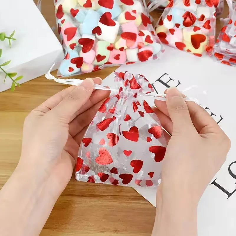 Bolsas de Organza para el Día de San Valentín, Bolsa de Organza con Cordón de Corazón, Bolsa de Regalo para Dulces, Joyas, Boda, Fiesta, Embalaje de Regalos