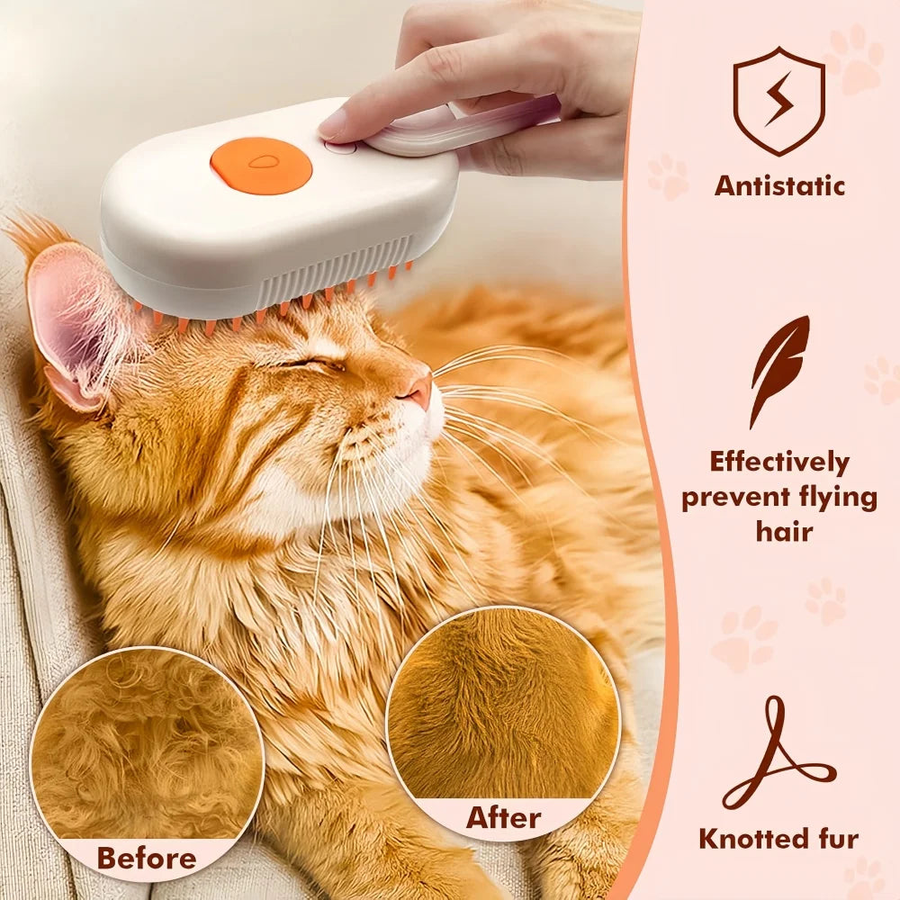 Cepillo de Vapor 3 en 1 para Gatos | Elimina Pelo Suelto, Masaje Relajante y Spray Vaporizador – Recargable USB