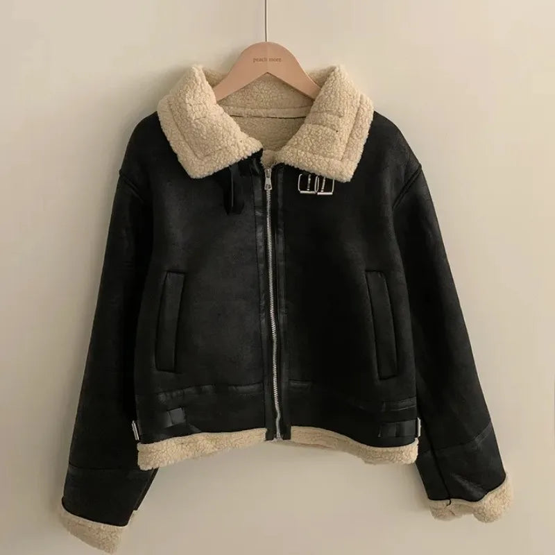 Chaqueta de Motocicta de Gamuza Retro Chic para Mujer, Estilo Casual y Moderno, Top de Manga Larga de Aodón para Mujeres...