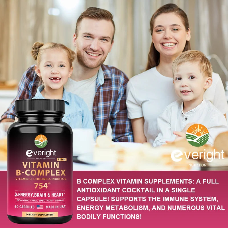 Complejo de Vitamina B XMSJ | Energía Diaria, Apoyo Cerebral y Cardiovascular con Vitamina C, Colina e Inositol