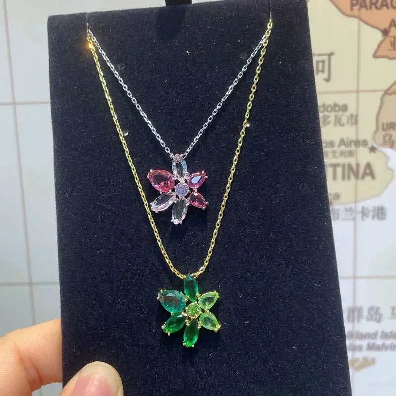 Dijes de moda, conjuntos de joyería fina, dijes de lujo, flores de cristal rosa, collar, pendientes, pulsera, accesorios de fiesta para mujer