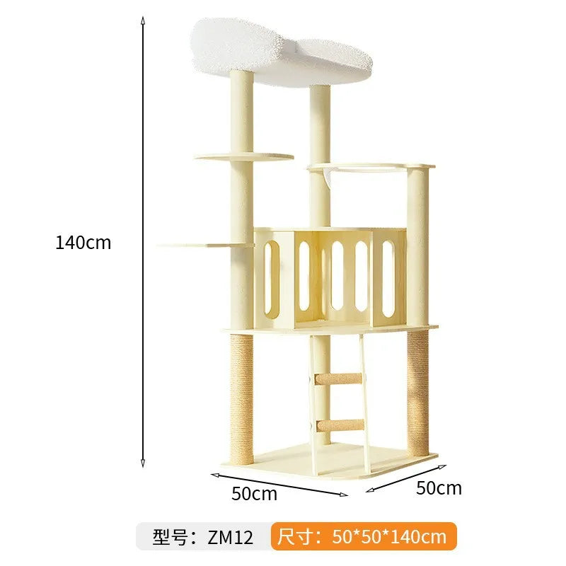 Árbol rascador para gatos, estructura grande de madera integrada con casa y columna rascadora, no ocupa mucho espacio.
