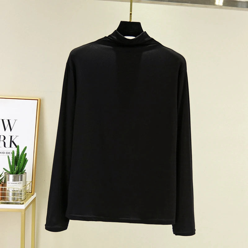 Cseta Básica de Manga Larga para Mujer, Cuello Medio Alto, Corte Ajustado, Estilo Versátil para Primavera y Otoño, Talla G...