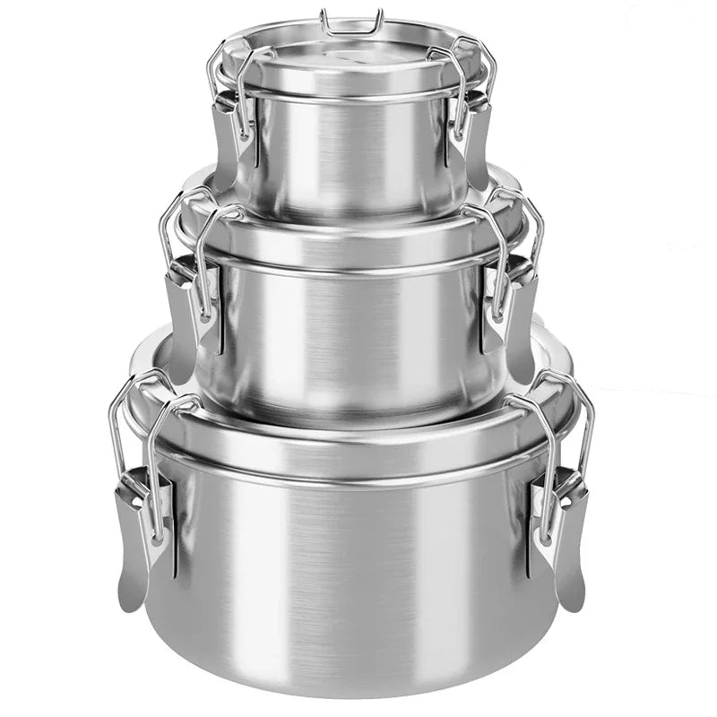 Caja de mantenimiento fresco de acero inoxidable, fiambrera sellada con hebilla, contenedor de comida redondo, contenedor organizador de frutas para refrigerador, 1/3 Uds.