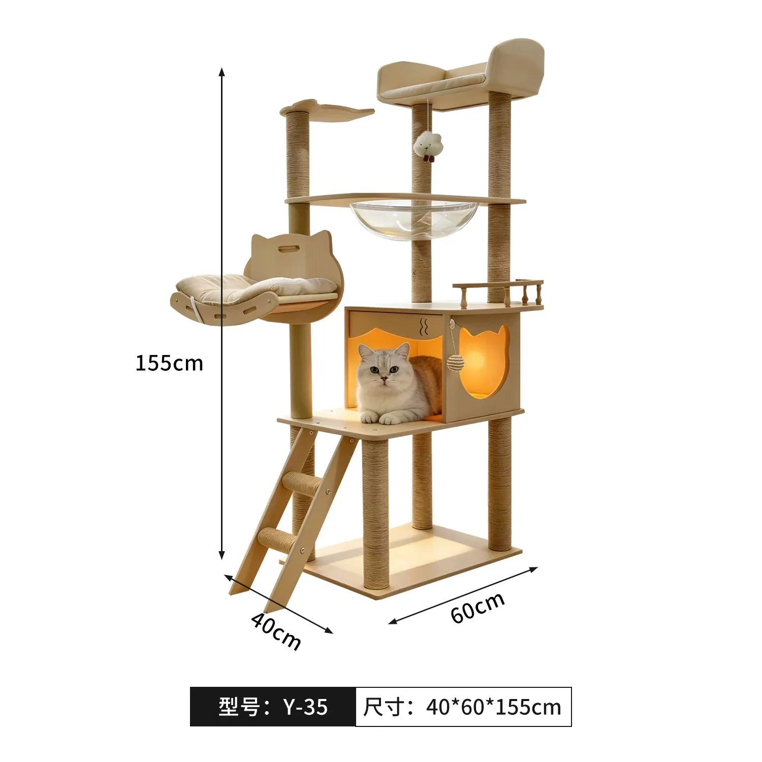 Árbol rascador para gatos, estructura grande de madera integrada con casa y columna rascadora, no ocupa mucho espacio.