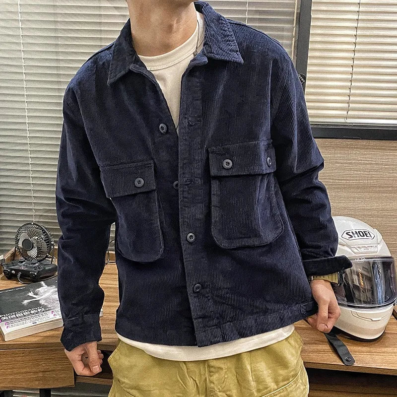 Chaqueta de pana de manga larga estilo japonés retro para hombre, ropa de trabajo informal de moda versátil para otoño e invi...