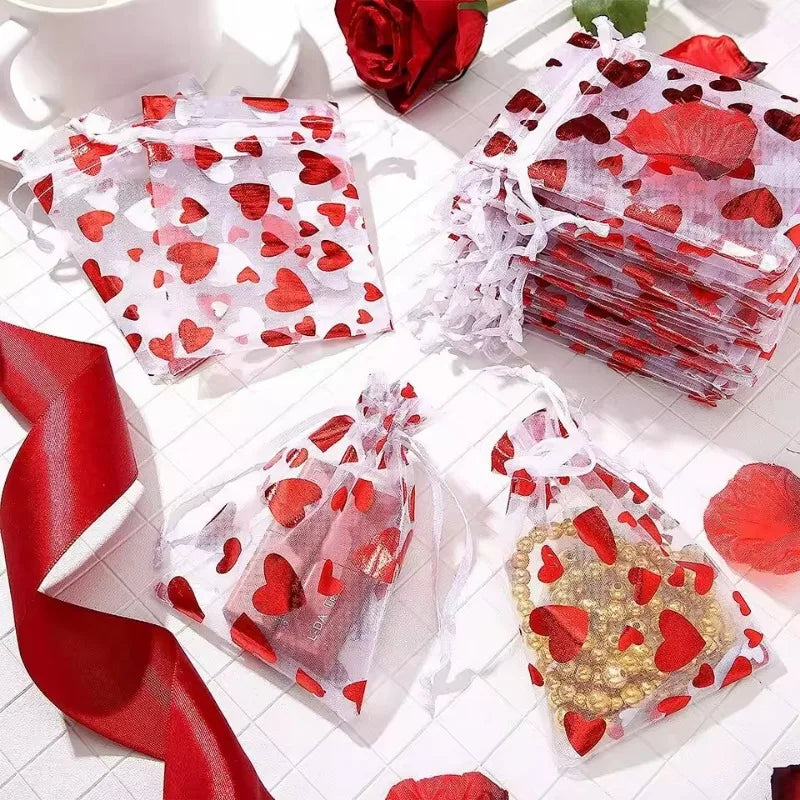 Bolsas de Organza para el Día de San Valentín, Bolsa de Organza con Cordón de Corazón, Bolsa de Regalo para Dulces, Joyas, Boda, Fiesta, Embalaje de Regalos