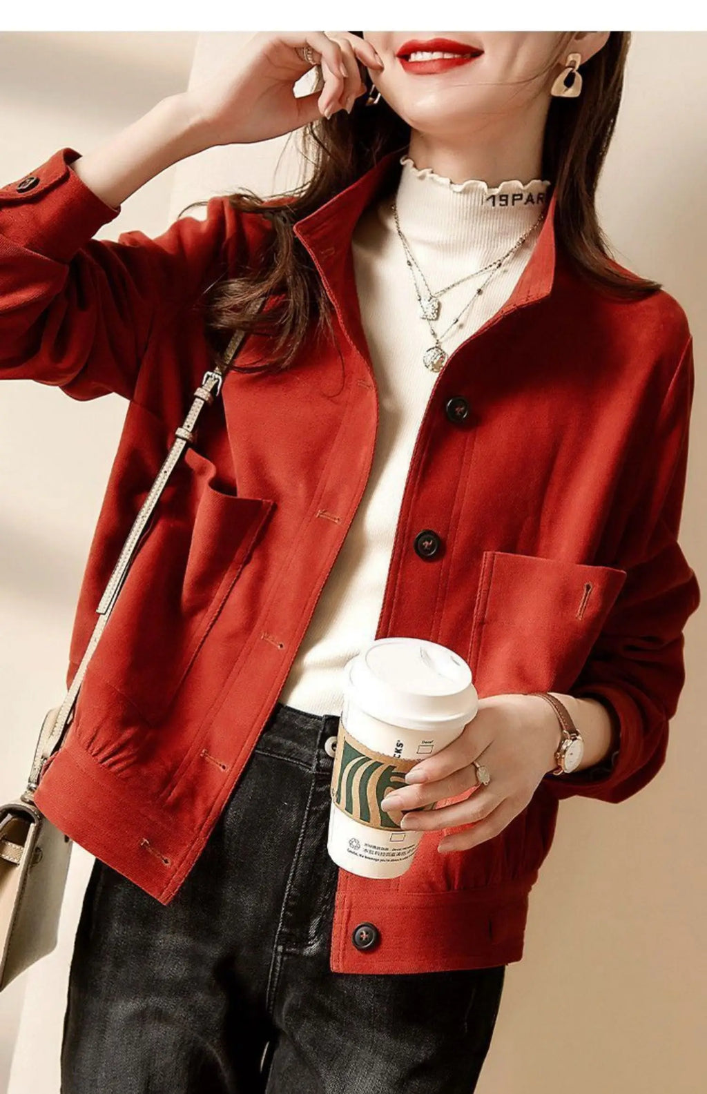 Chaqueta Corta de Motocicta para Mujer, de Alta Gama, Antienvejecimiento, Talla ande, Artística, Versátil, Moderna, para...