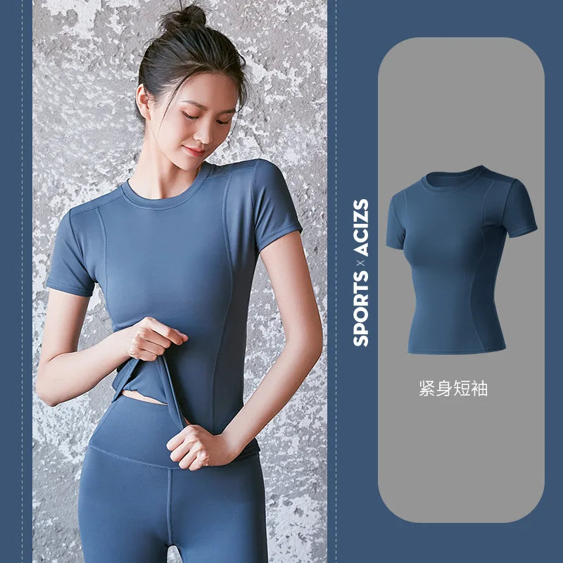 Camiseta deportiva para mujer, camisa de manga corta con cuello en V, Color sólido, absorbe la humedad, Top deportivo