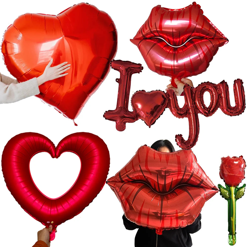 Día de San Valentín corazón rojo te amo labios rojos Rosa flor globos de aluminio decoración de boda aniversario despedida de soltera suministros para fiesta