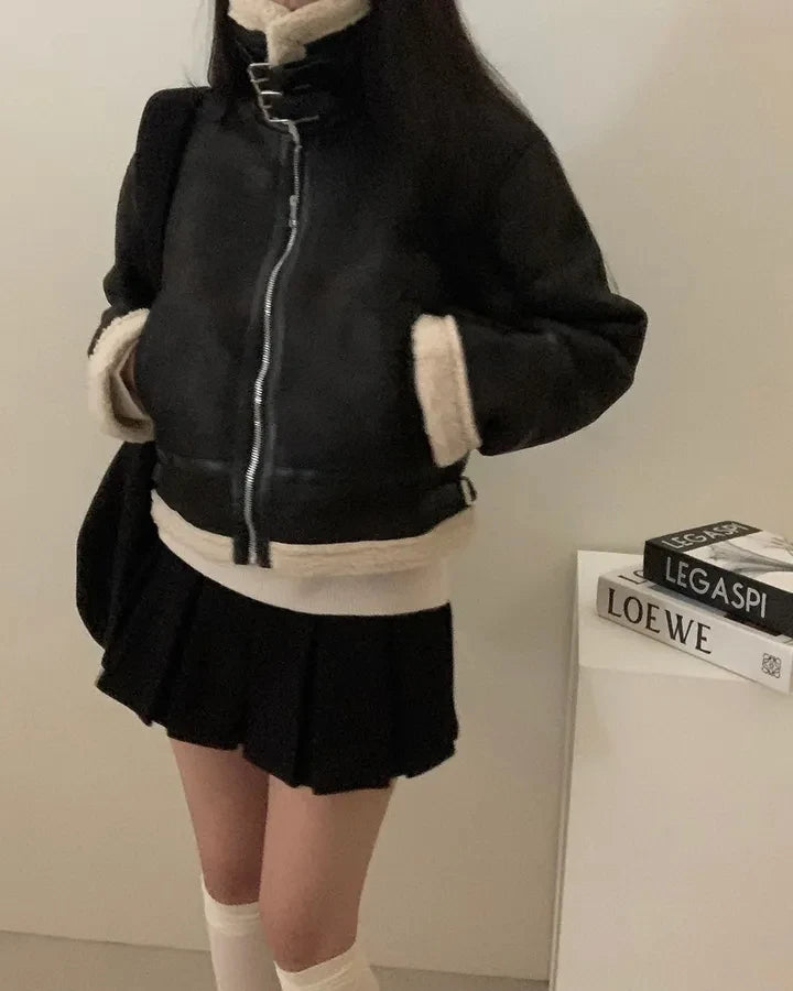 Chaqueta de Motocicta de Gamuza Retro Chic para Mujer, Estilo Casual y Moderno, Top de Manga Larga de Aodón para Mujeres...