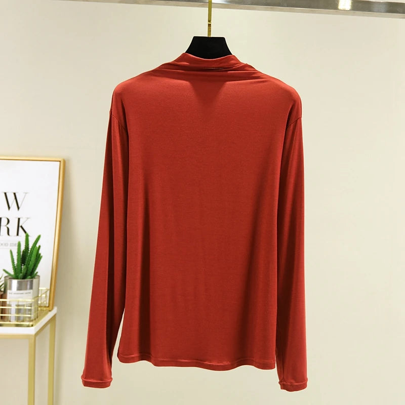 Cseta Básica de Manga Larga para Mujer, Cuello Medio Alto, Corte Ajustado, Estilo Versátil para Primavera y Otoño, Talla G...