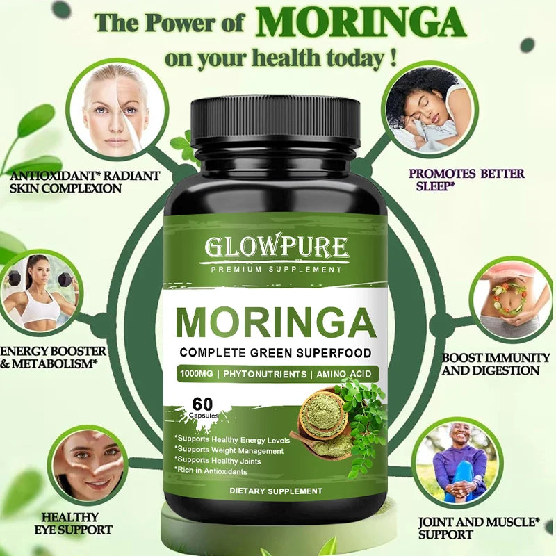Cápsulas Pure Moringa: superalimento para energía, piel, salud inmune y intestinal con antioxidantes, vitaminas y aminoácidos
