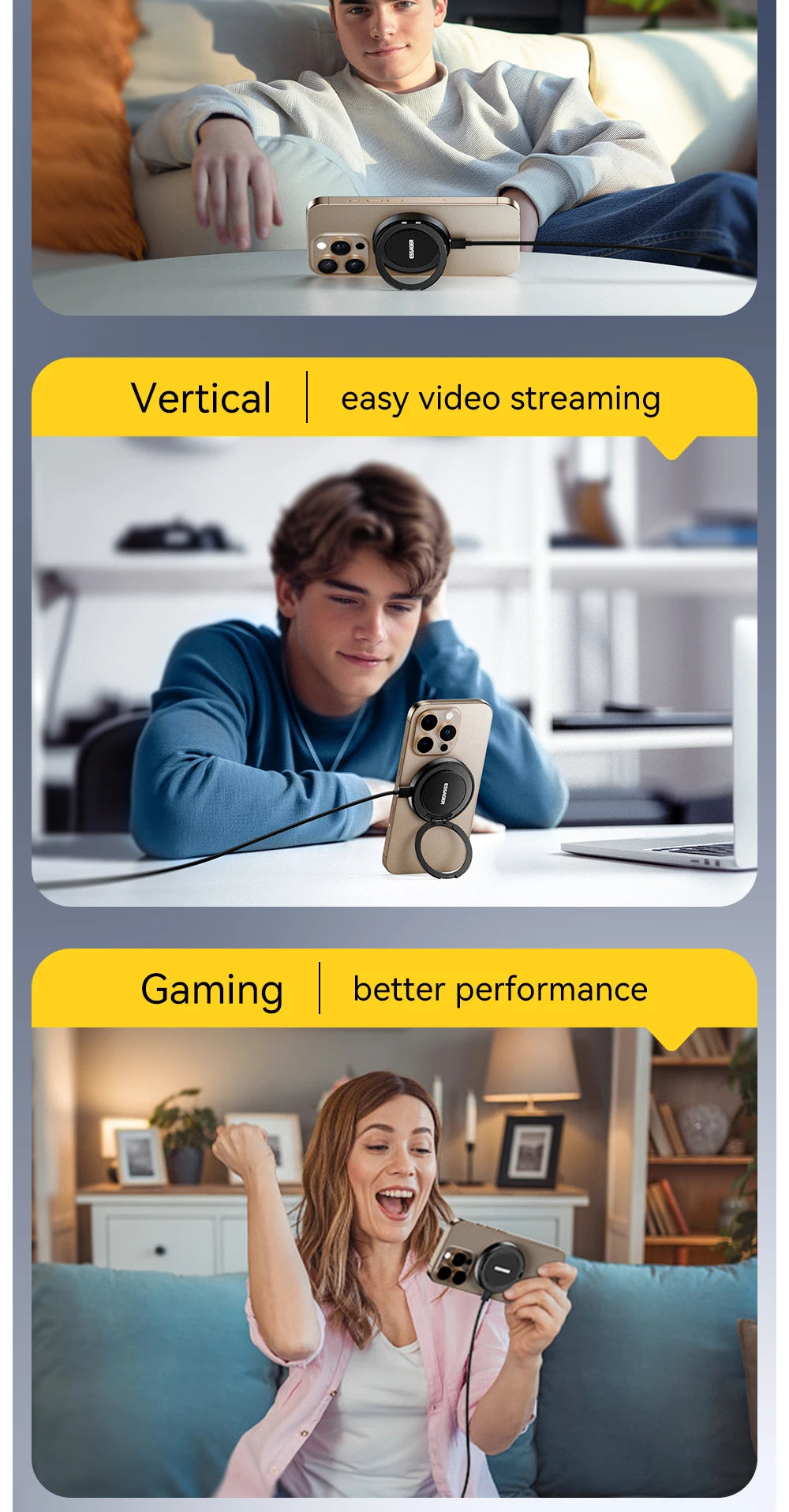 Cargador inalámbrico magnético Essager con soporte 15W carga rápida para iPhone17 16 15 14Pro Max Airpods Mini cargador de teléfono inalámbrico