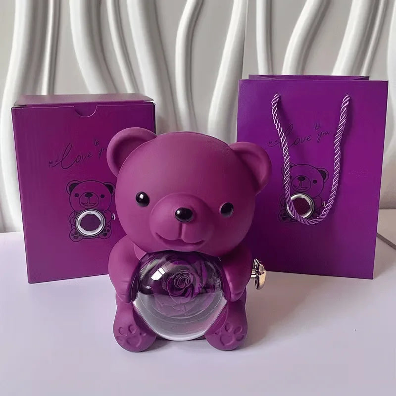 Caja de Regalo con Oso de Peluche y Rosas |   Joyero con Espacio Oculto para Anillo o Pendientes, Incluye Rosa Artificial, Regalo de San Valentín