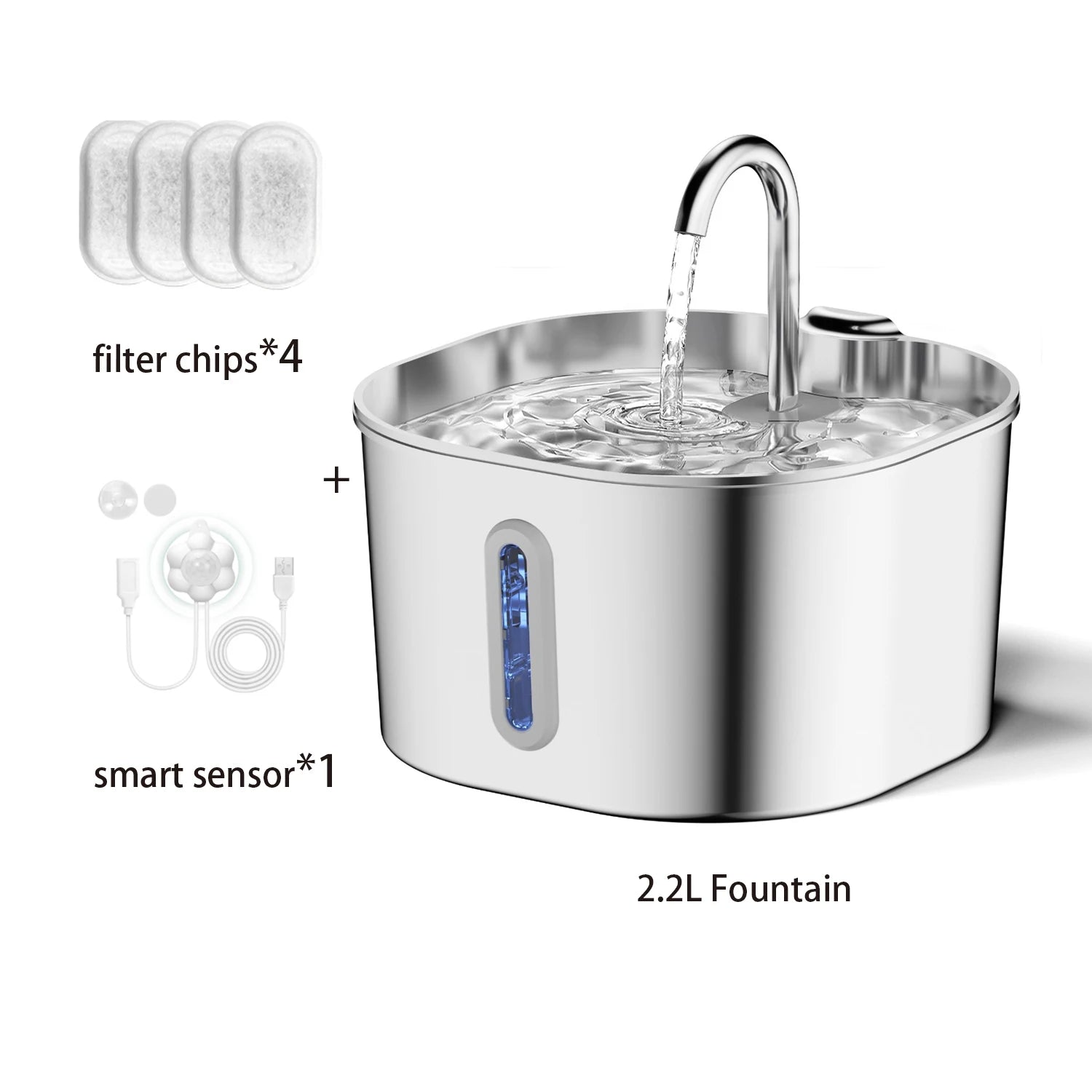 Fuente de Agua Automática para Gatos 2.2L de Acero Inoxidable con Ventana de Nivel