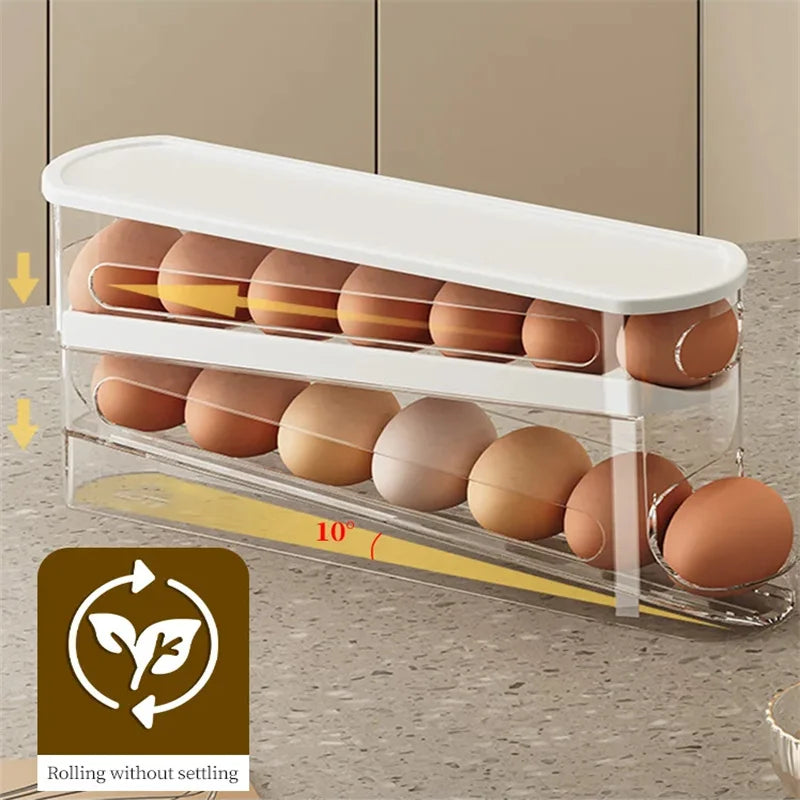 Caja de almacenamiento de huevos para refrigerador doméstico, soporte para huevos rodante automático, organizador de rodillos para huevos, estante para huevos para encimera de cocina, 1 Uds.