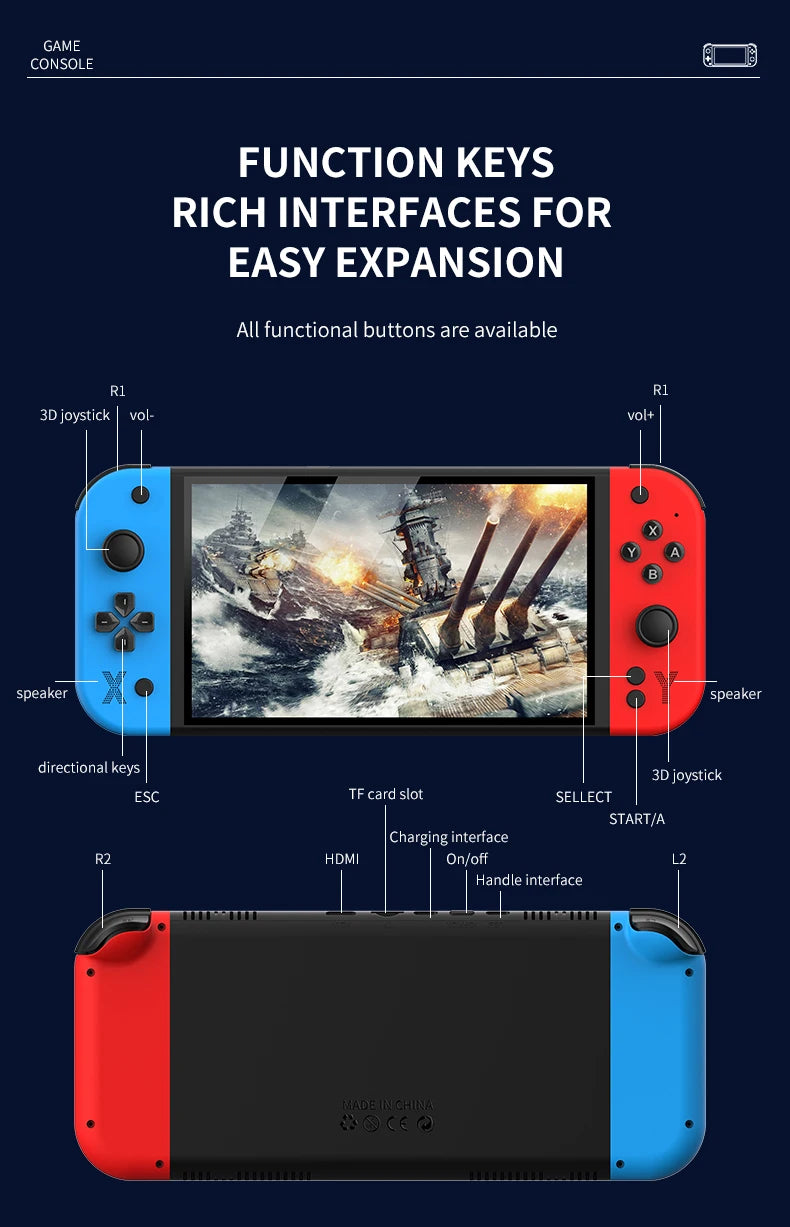 Consola de juegos portátil G90 de 7 pulgadas, 64GB, 4000mAh, arcade, adecuada para PSP/PS1, controlador de juego de TV retro, regalo para niños