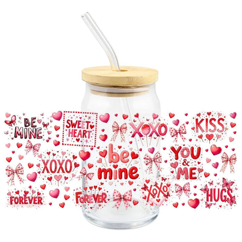 Diseño del Día de San Valentín UV DTF pegatina de transferencia 3D envuelve taza duradera impermeable amor para 16 OZ Libbey taza de vidrio calcomanías