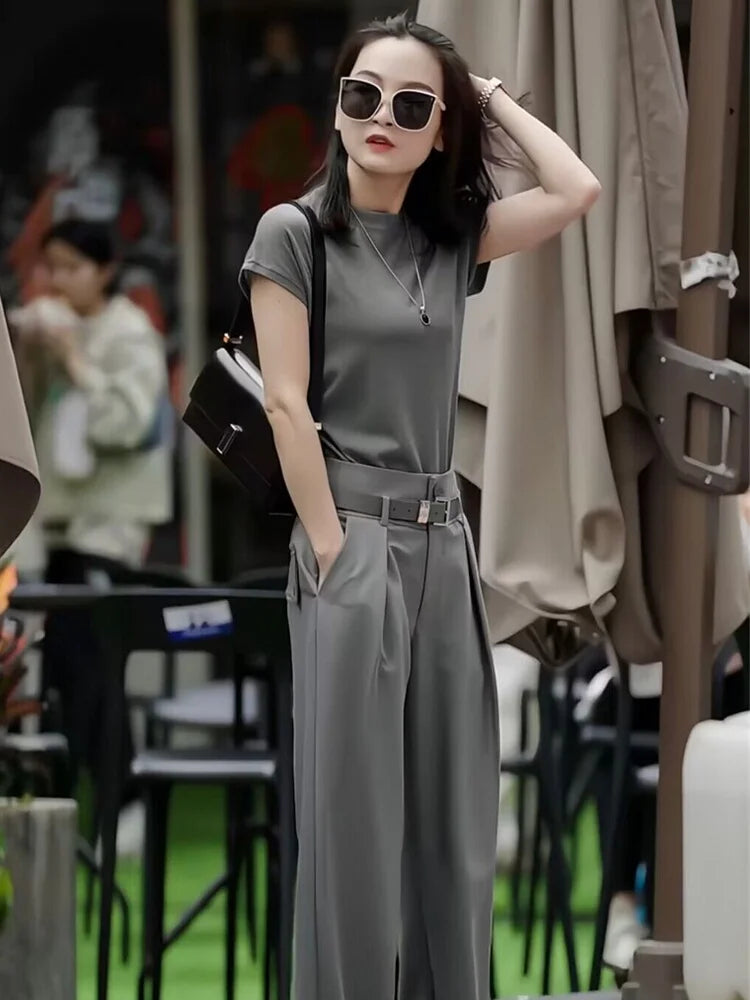 Top de manga corta de color puro para mujer, plones de pierna ancha, ropa e a la moda, cseta de otro material, ...