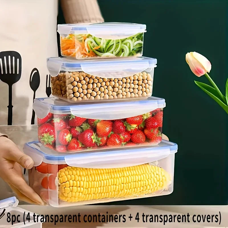 Contenedor de Almacenamiento de Alimentos Transparente 8 Piezas con Tapa - Multicompartimentos para Frutas, Verduras, Pasta - Polipropileno