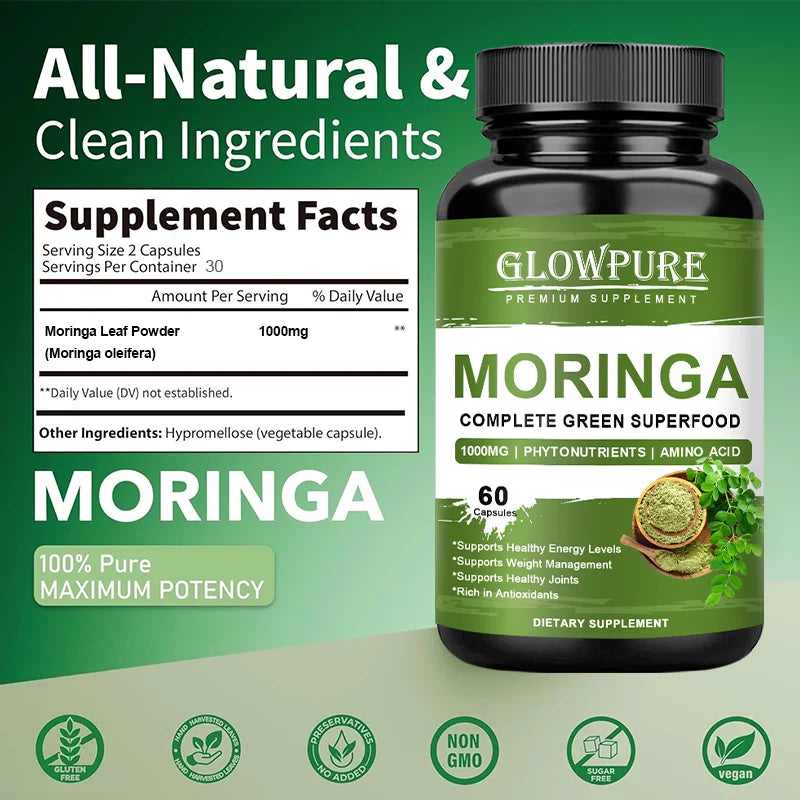 Cápsulas Pure Moringa: superalimento para energía, piel, salud inmune y intestinal con antioxidantes, vitaminas y aminoácidos