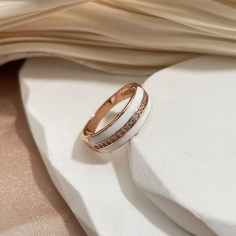 💍 Anillo SYOUJYO de Oro Rosa 585 con Circón Natural Esmalte Blanco, Pavé Completo y Brillo Elegante | Joyería Fina para Uso Diario