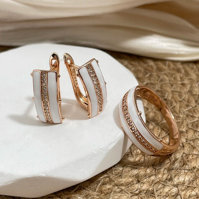 💍 Anillo SYOUJYO de Oro Rosa 585 con Circón Natural Esmalte Blanco, Pavé Completo y Brillo Elegante | Joyería Fina para Uso Diario