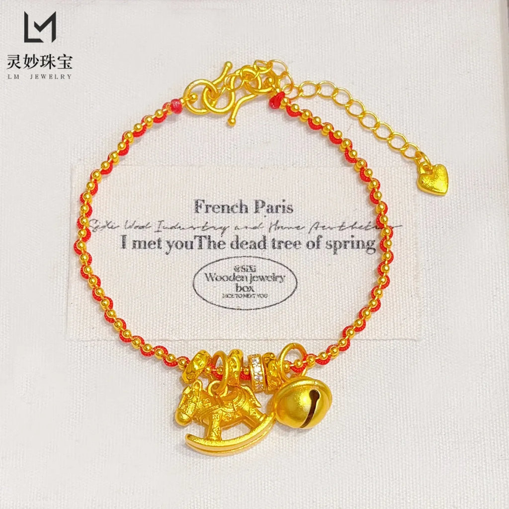 ✨ Pulsera Jiggly Horse Bell en Oro 24K AU999 para Mujer Campana Dorada de Alto Pulido | Brillo Elegante para Uso Diario