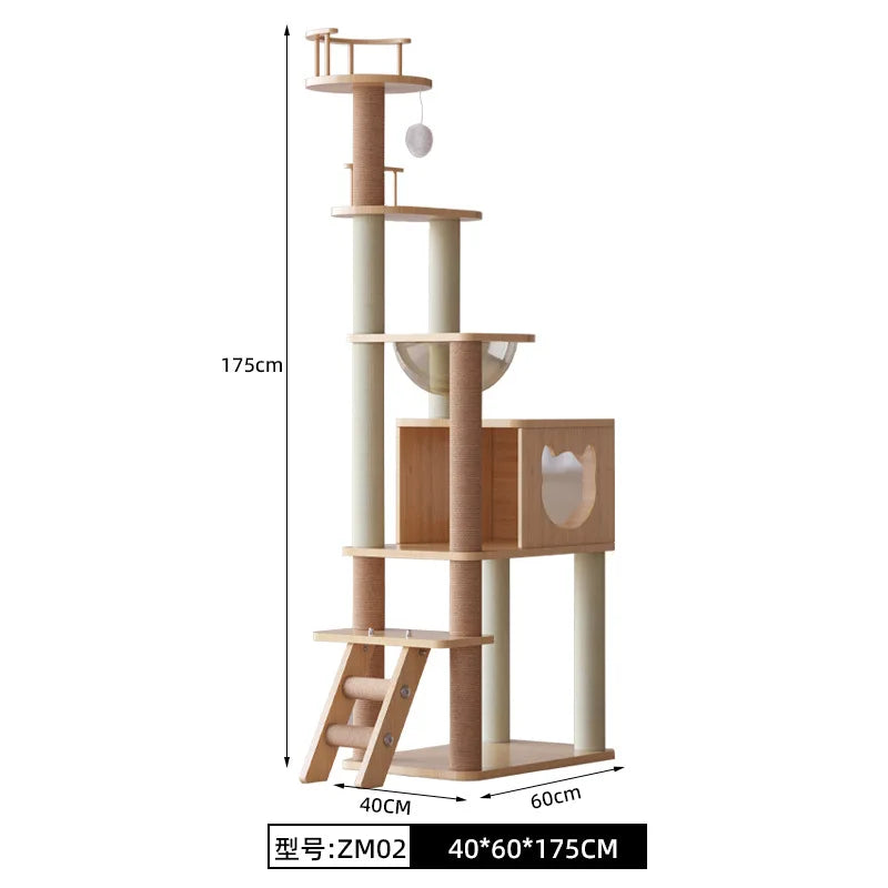 Árbol rascador para gatos, estructura grande de madera integrada con casa y columna rascadora, no ocupa mucho espacio.